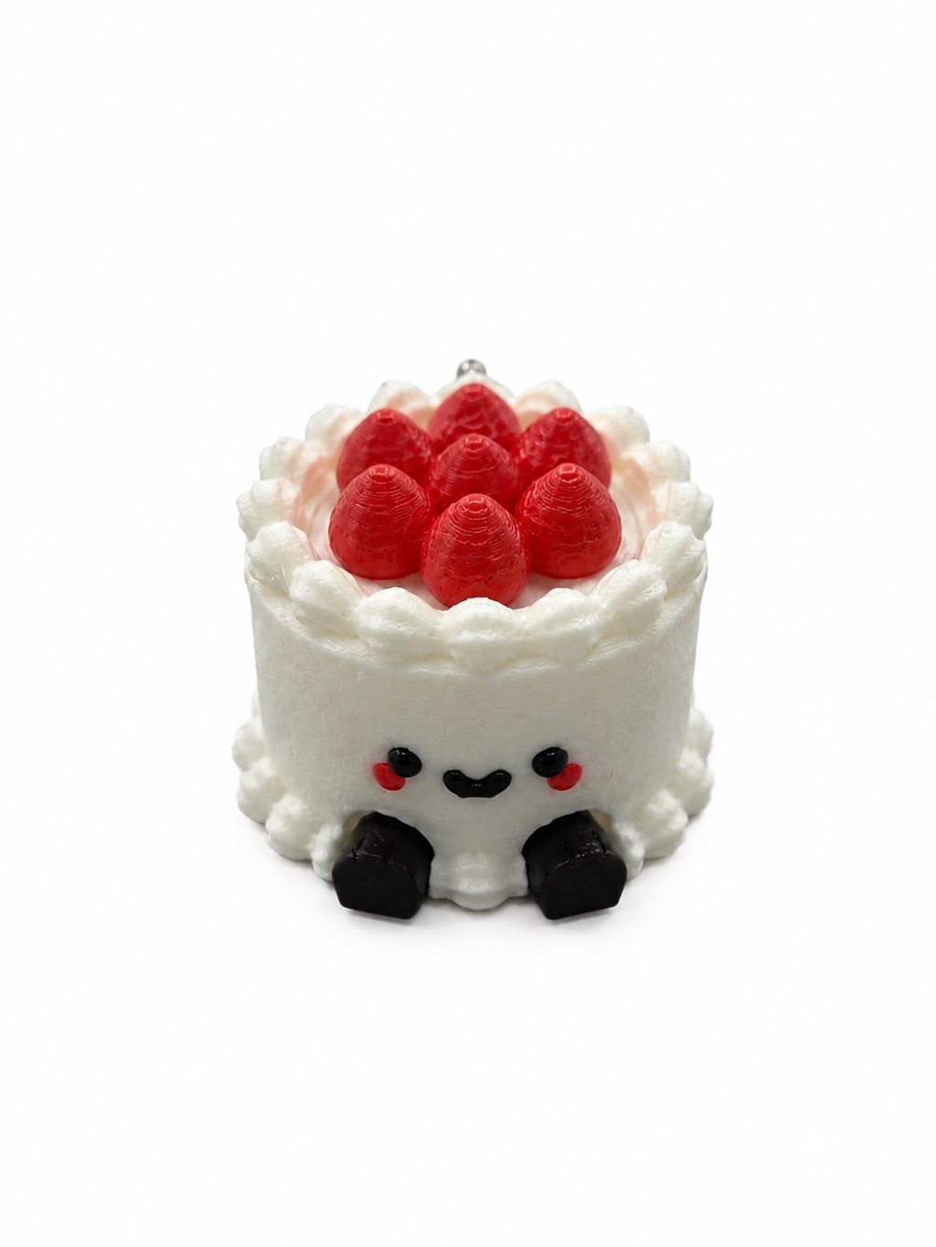 Cake Clicker toy with a cute, smiling face, white body, red raspberries on top, and black feet, branded DJM 3D SHOP.