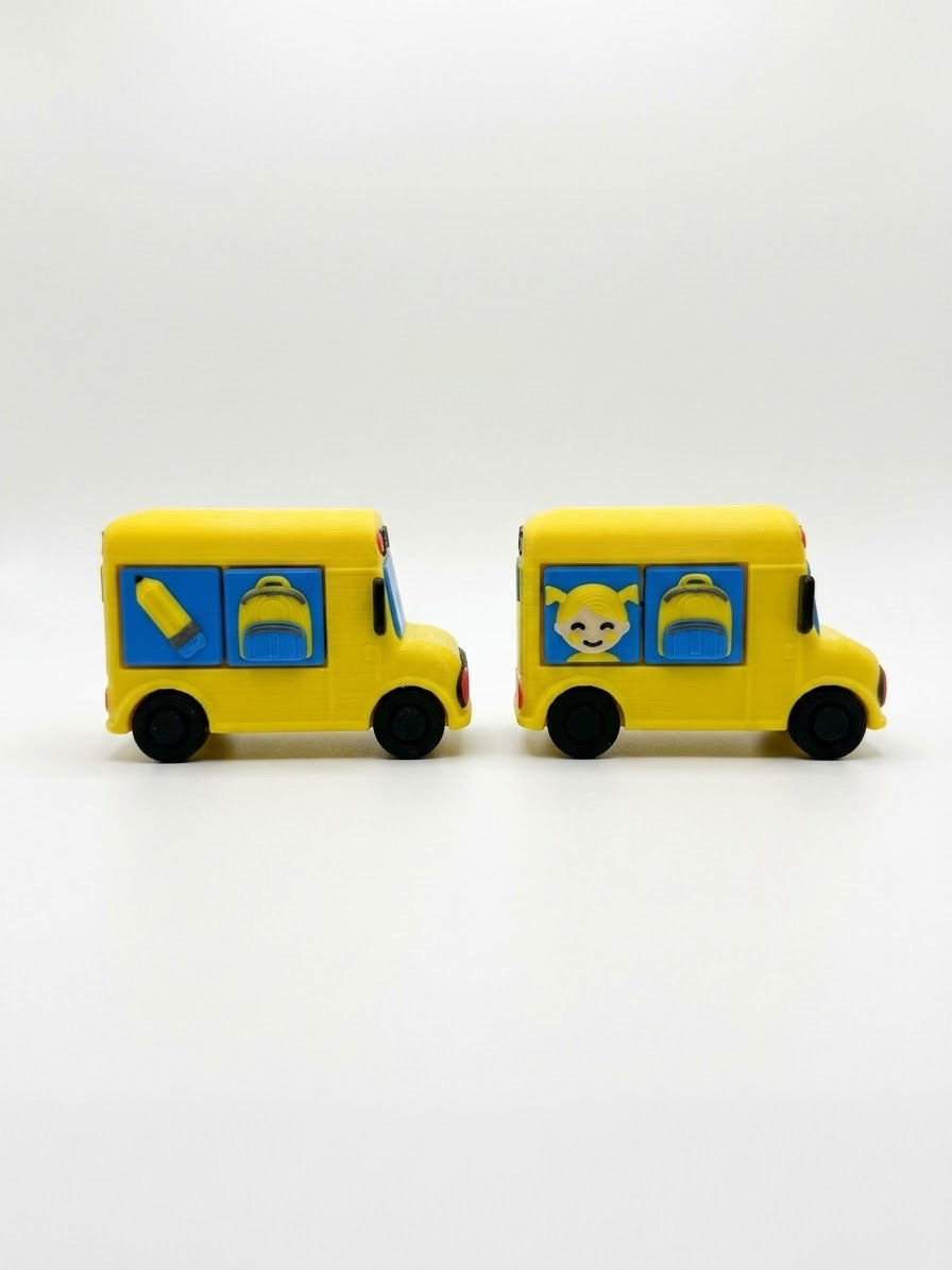 DJM 3D SHOP school bus fidget toy clickers with colorful bus design, small handheld stress-relief clicker for kids and students.