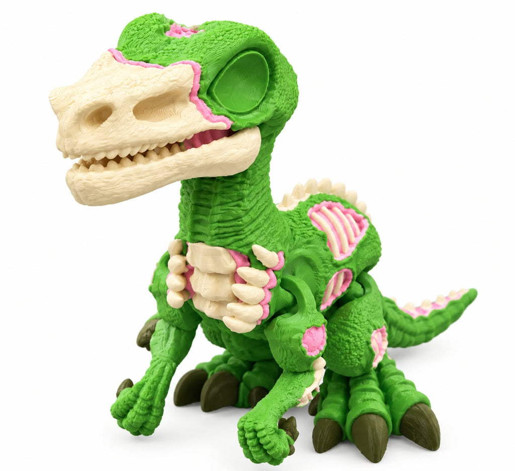Flexi Zombie Raptor fidget toy by DJM 3D SHOP, featuring a green zombie raptor design with flexible, bendable parts for stress relief.